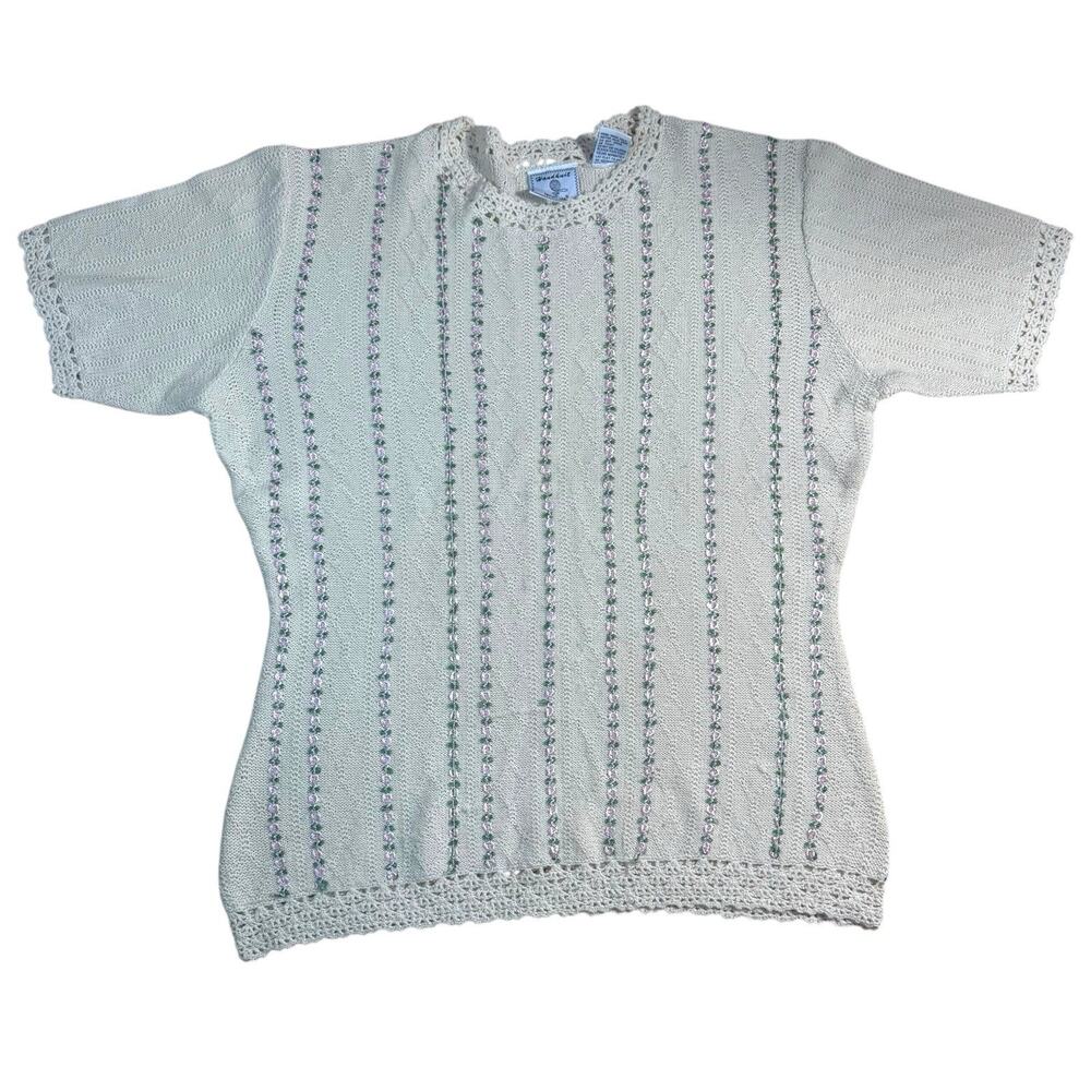 VTG Lecomte Sweater Short Sleeve Handknit Oversize Cozy Size Medium Granny Rose